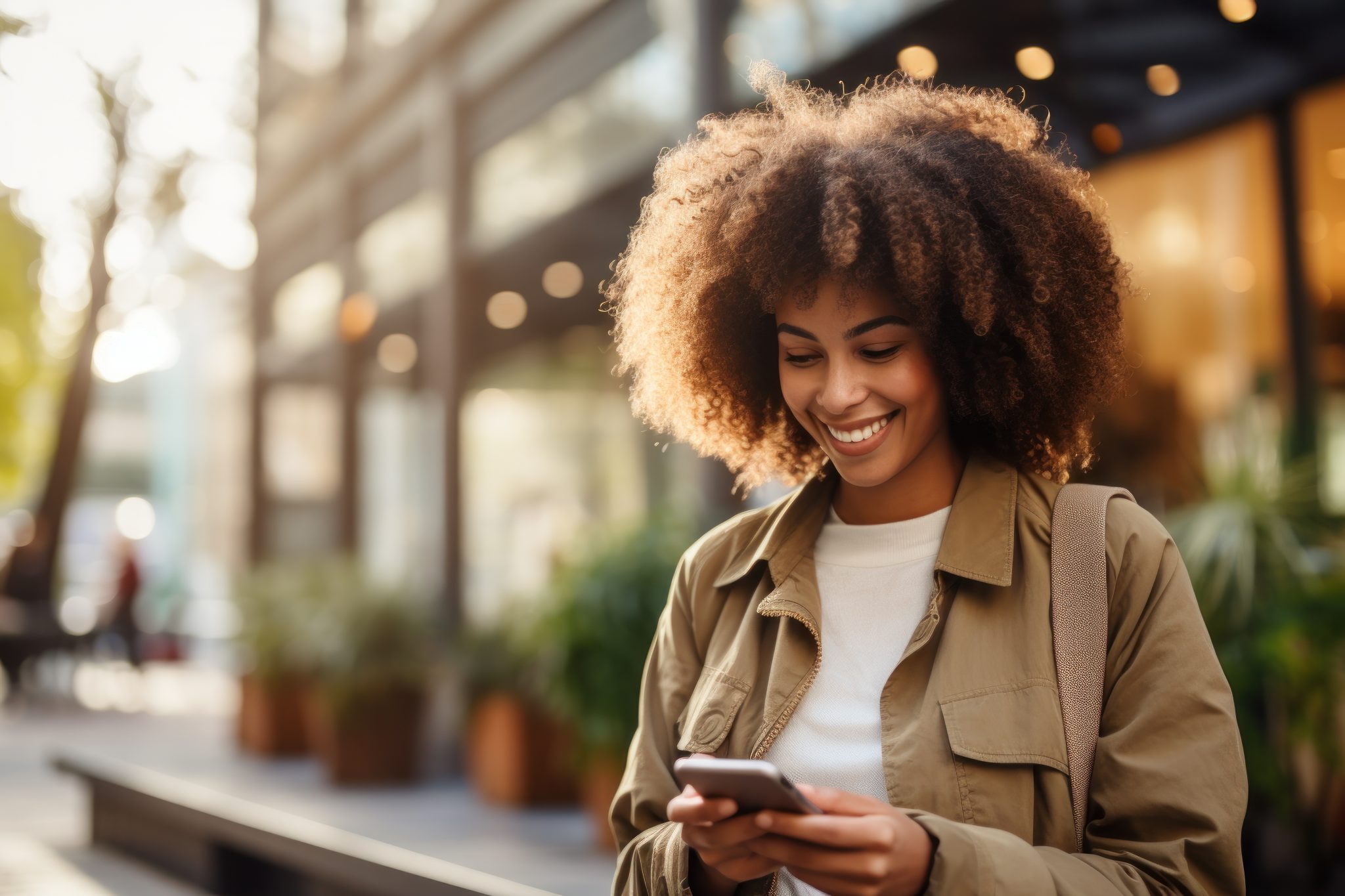 smiling people looking to her phone in front of a technical helpdesk