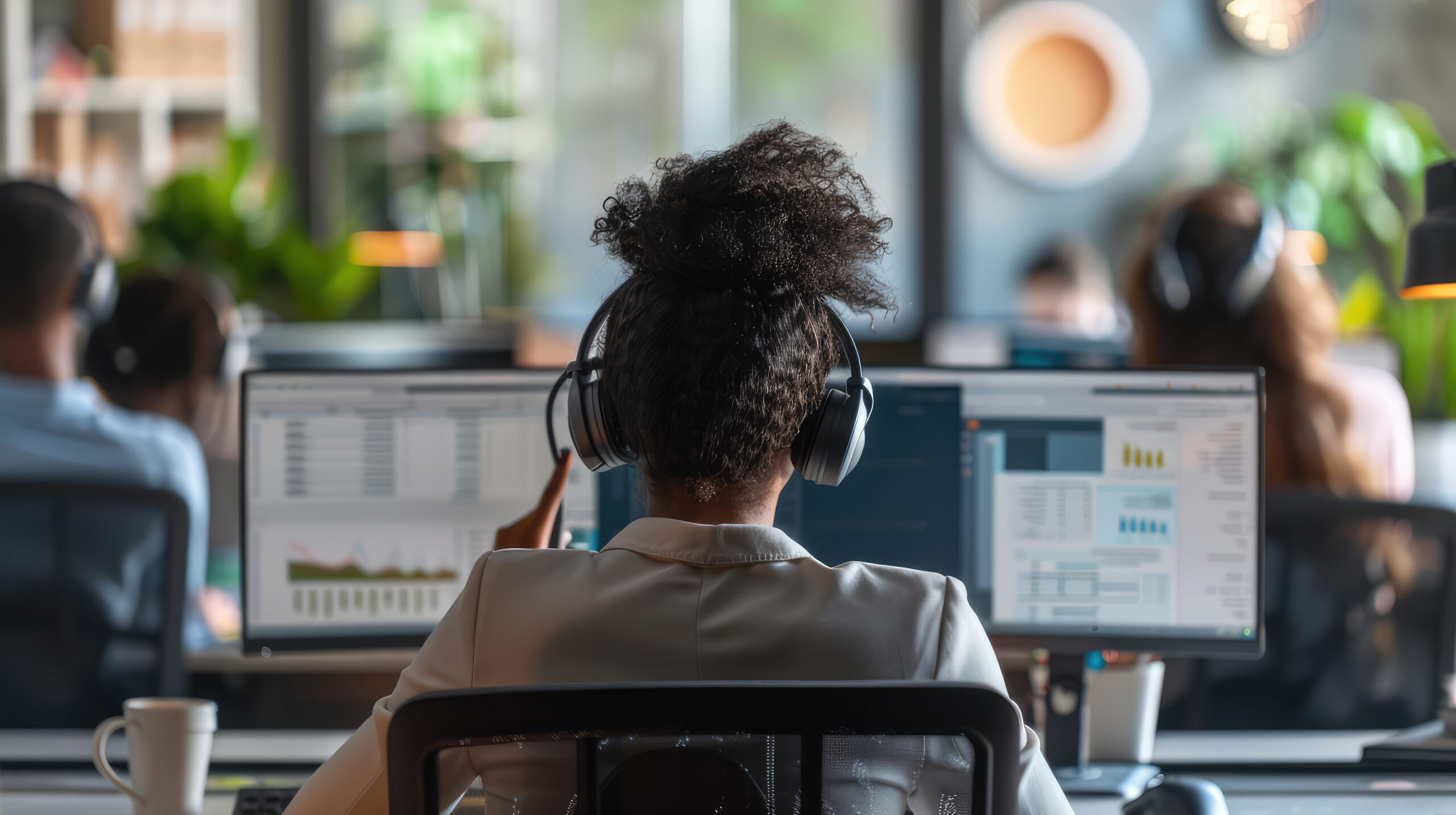 Woman analysing data in a call centre.