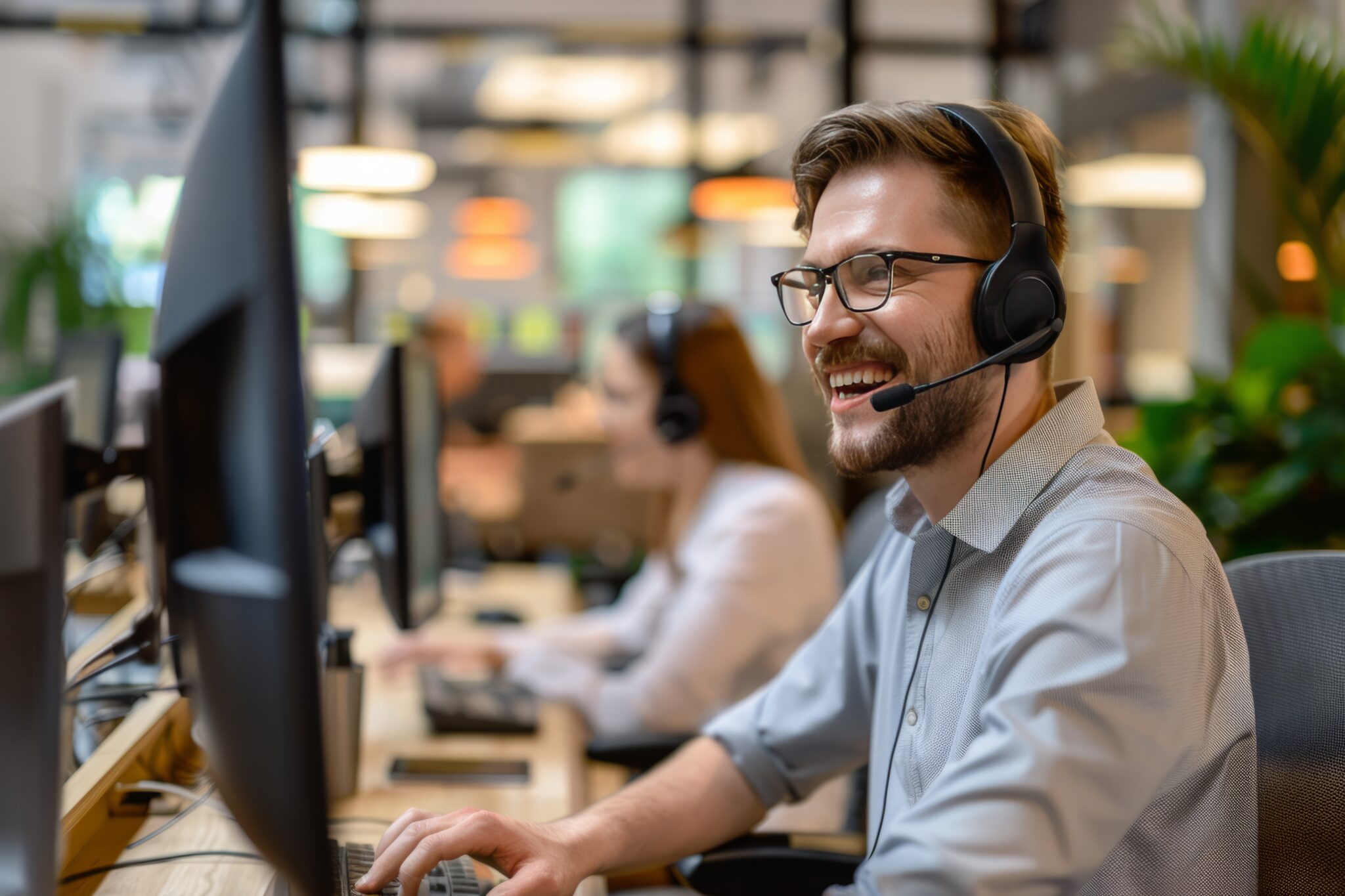 Male contact center employee working wearing a headset helping customers in an outsourced or offshored customer service department