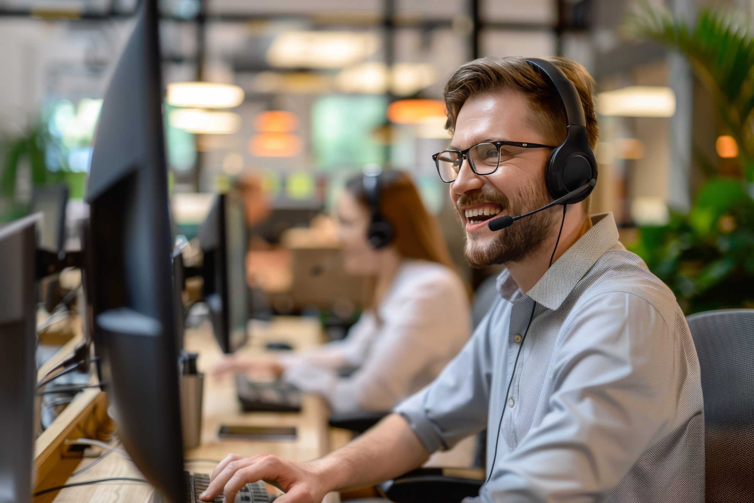 Male contact center employee working wearing a headset helping customers in an outsourced or offshored customer service department